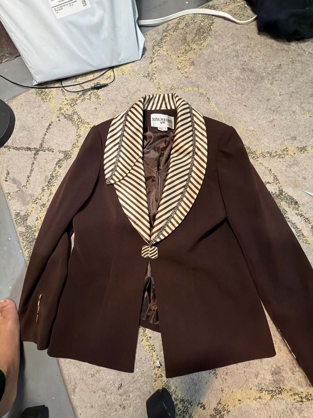 Nina Massini Women's Brown Blazer with Rhinestone-Embellished Striped Lapel